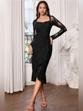 Black Lace Long-Sleeve Midi Dress Square Neck Ruffle Hem Women’s Size M NWT
